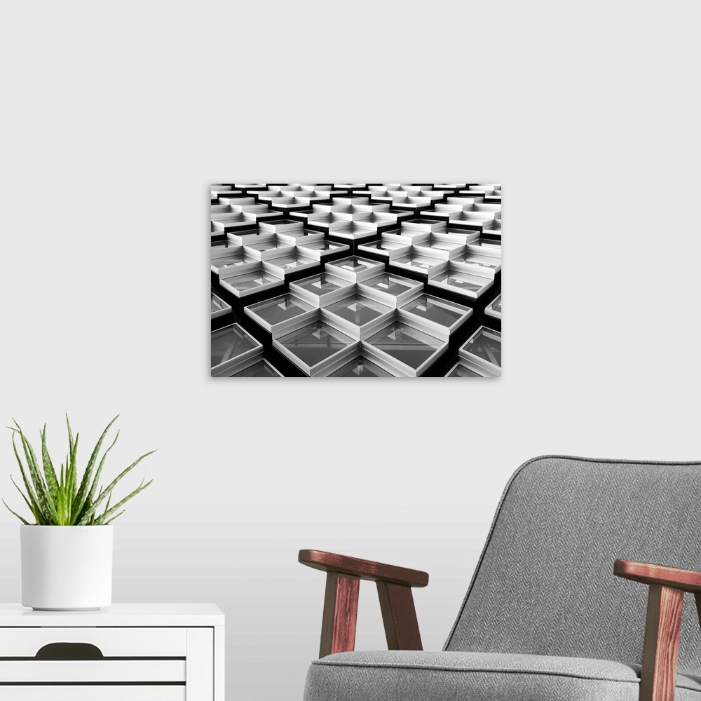 A modern room featuring Geometric architecture made up of a reflective squares.
