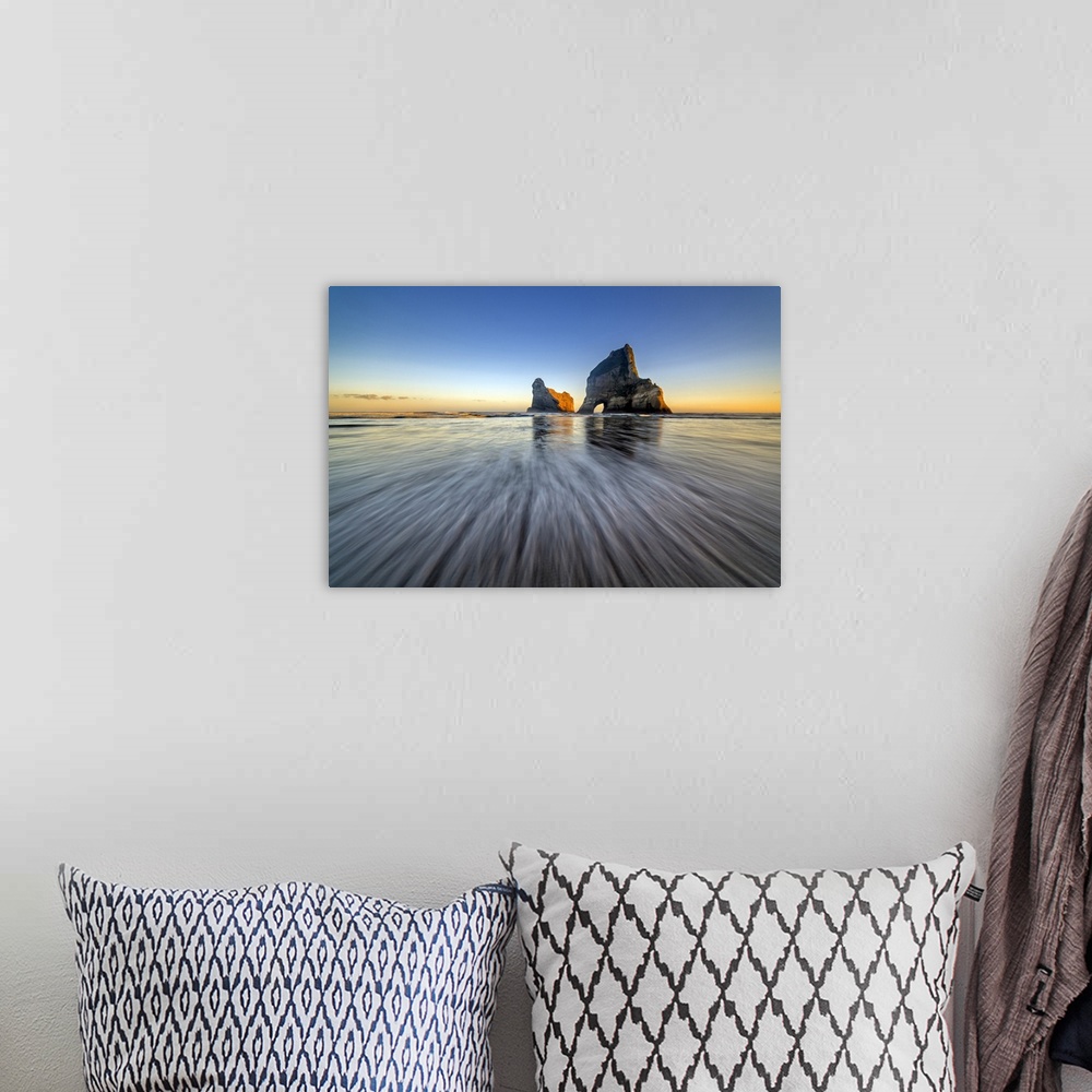 A bohemian room featuring Long exposure landscape photograph of Wharaiki Beach, New Zealand
