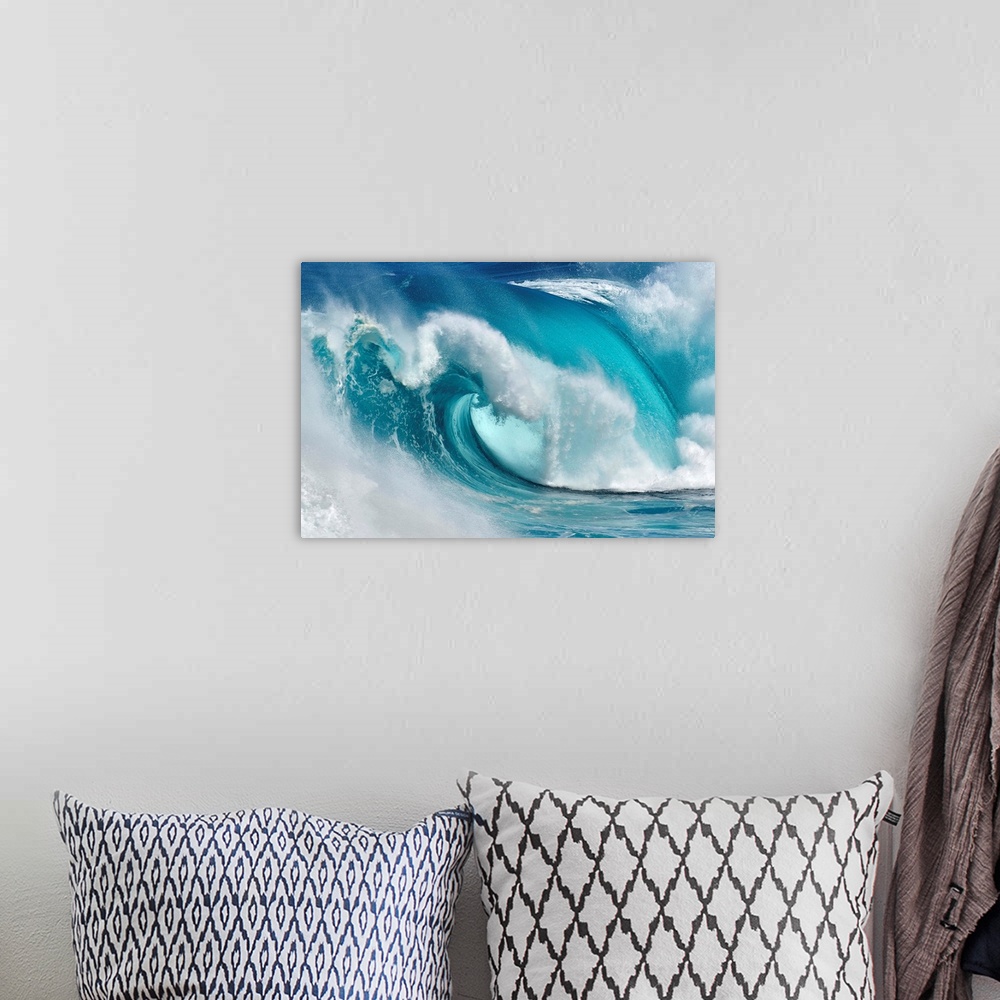 A bohemian room featuring A giant blue wave curling.