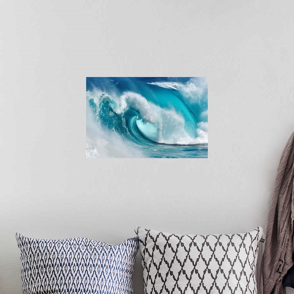 A bohemian room featuring A giant blue wave curling.