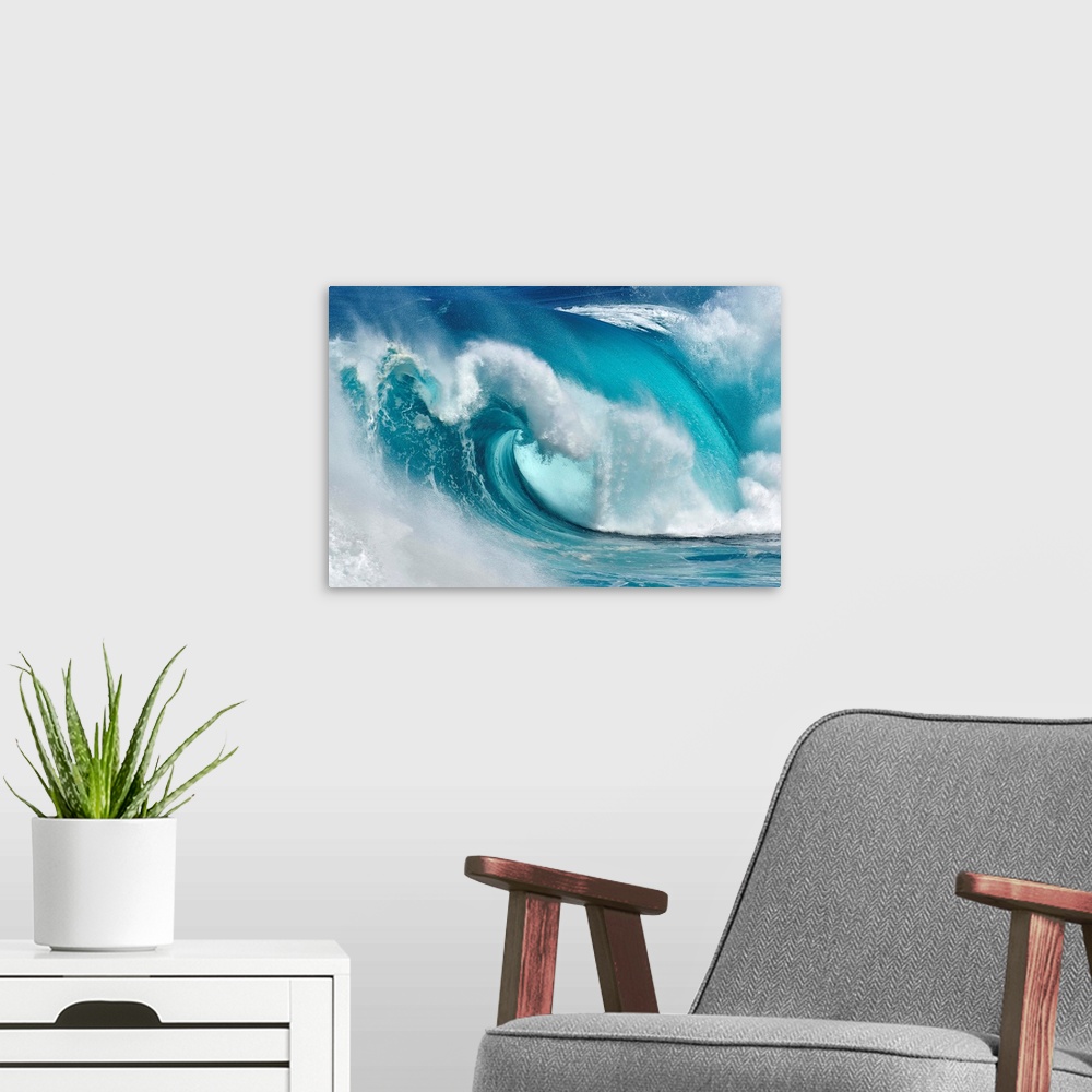 A modern room featuring A giant blue wave curling.