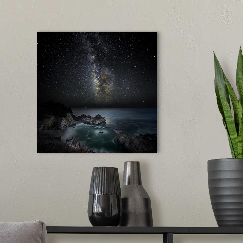 A modern room featuring Stars of the Milky Way seen in the sky above Big Sur on the California Coast.