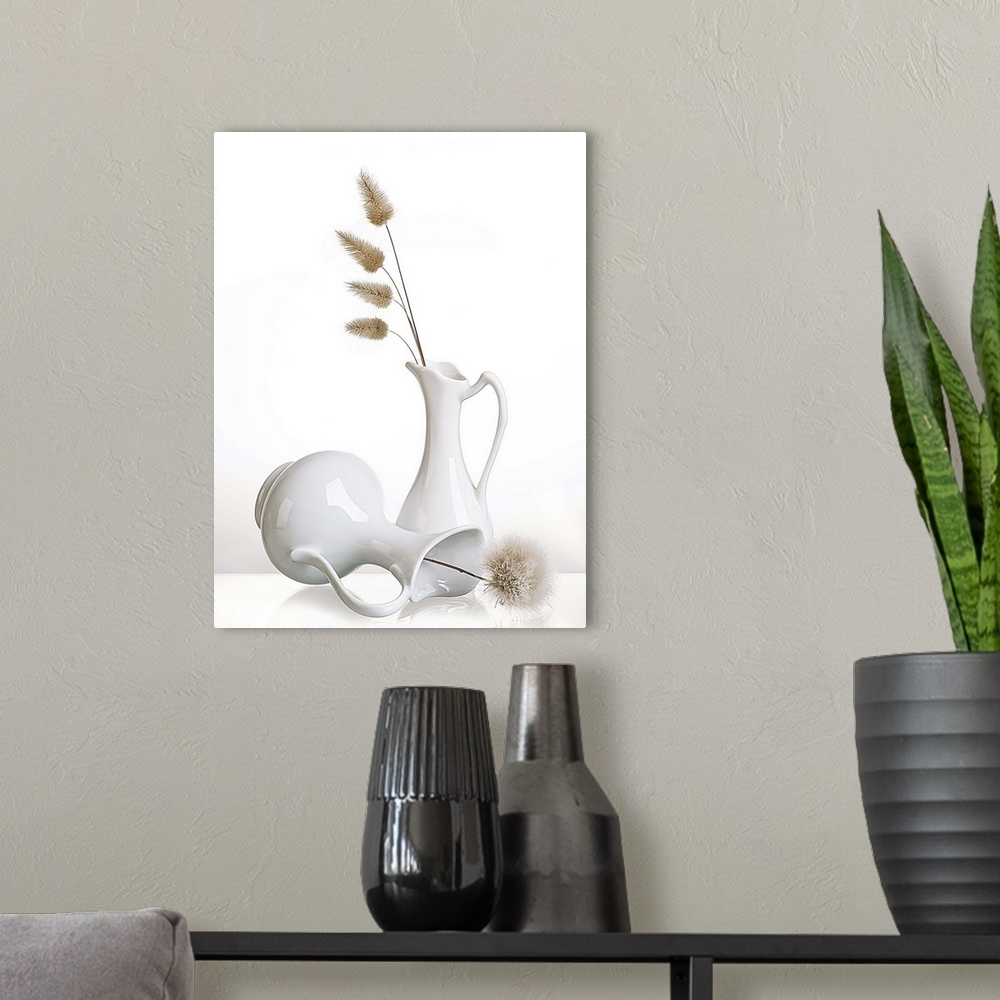 A modern room featuring Two white pitchers with puffy flowers on a white background.