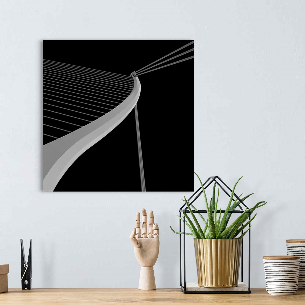 A bohemian room featuring Black and white architectural abstract photograph of leading lines on the Samuel Beckett Bridge i...