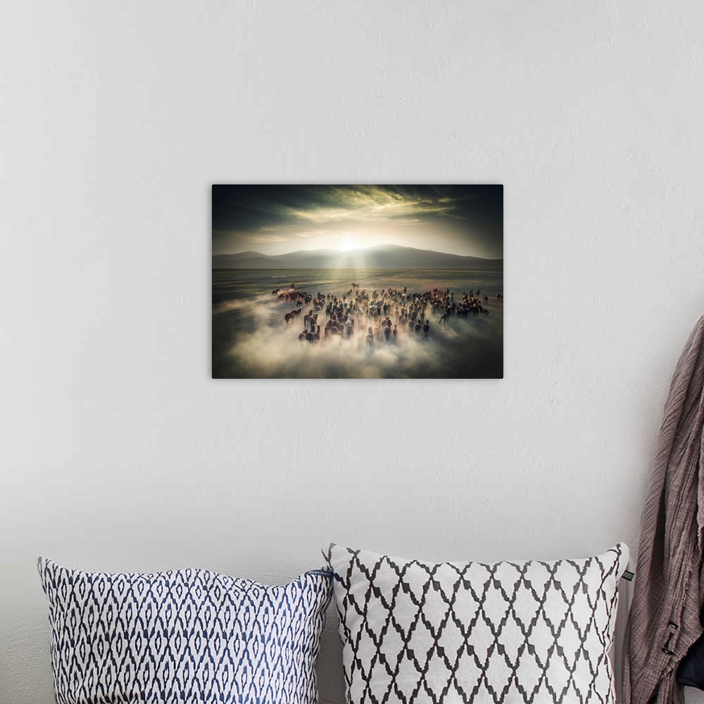 A bohemian room featuring A stunning fine art photograph of a herd of wild ponies out on a prairie. The rays of the sun ill...