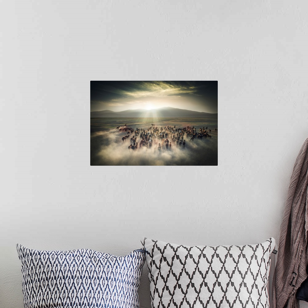 A bohemian room featuring A stunning fine art photograph of a herd of wild ponies out on a prairie. The rays of the sun ill...