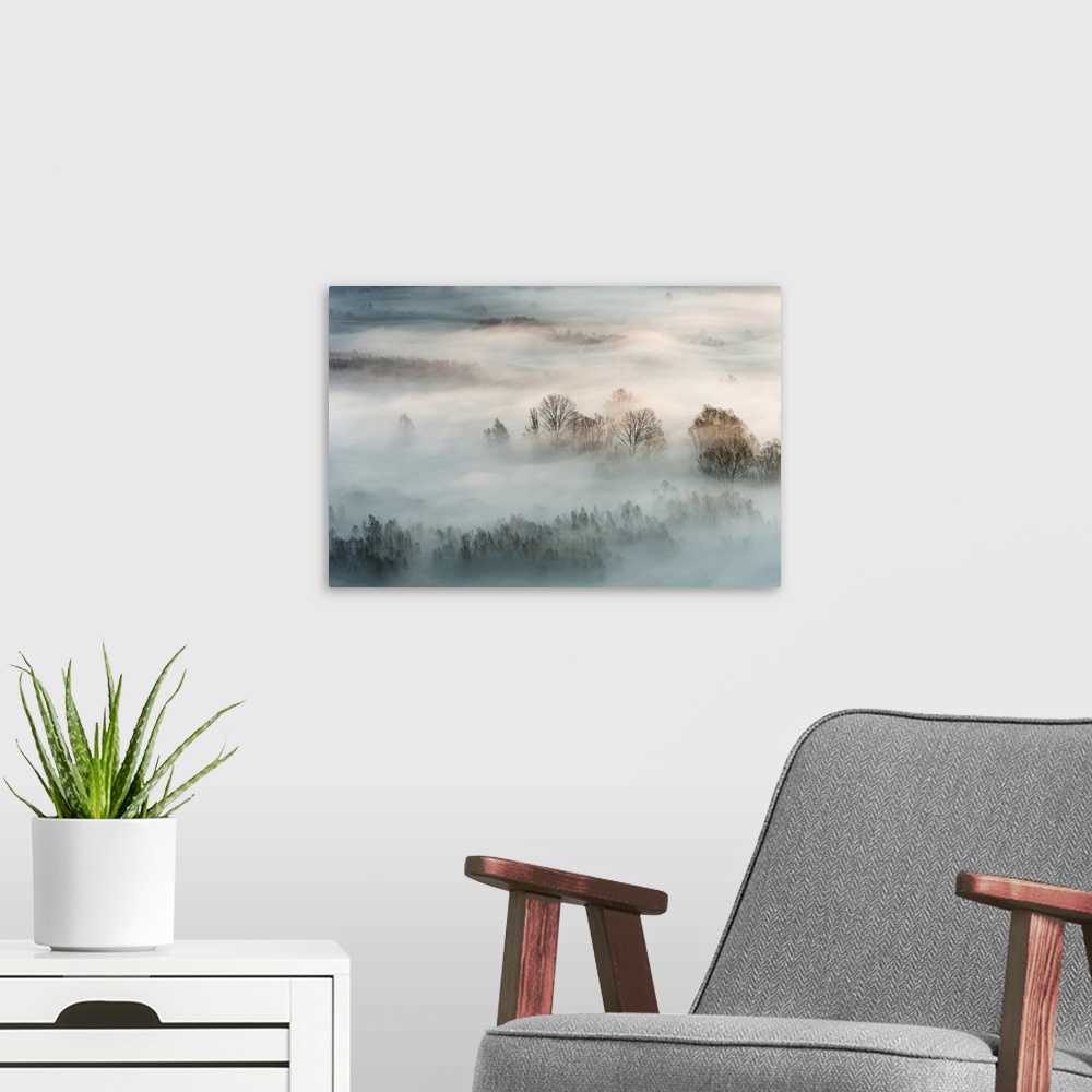 A modern room featuring Landscape photograph of the sunrise with heavy fog during Winter in Italy.