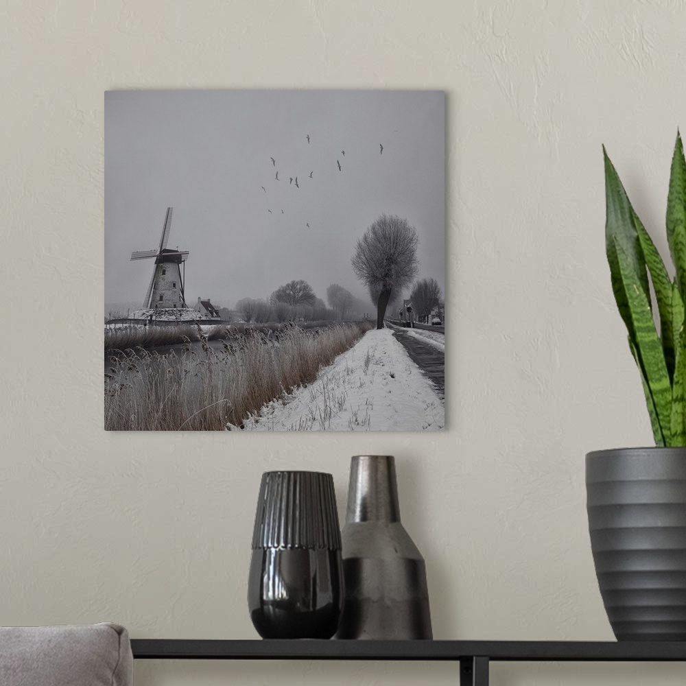 A modern room featuring Moody image of a windmill and birds in flight over the Belgian countryside.