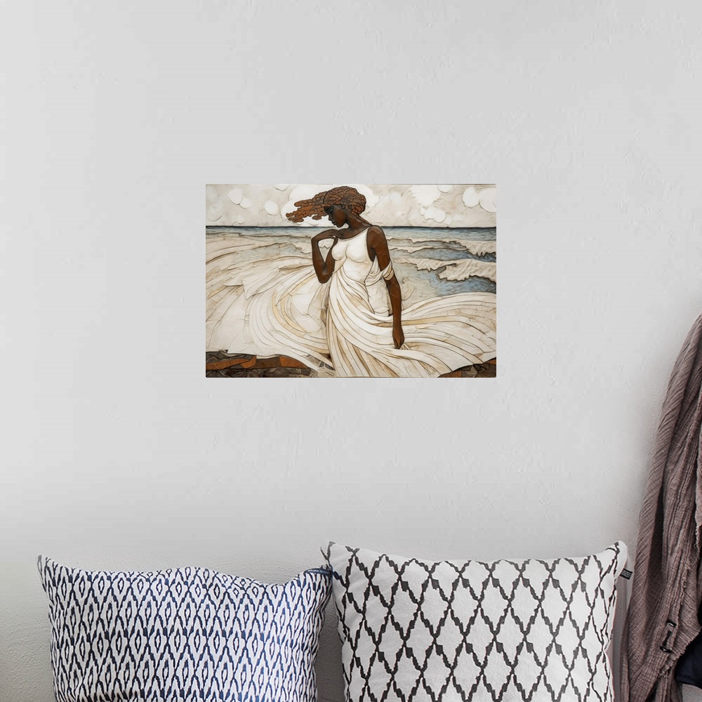A bohemian room featuring A contemporary yet classic collage of a Black woman in a large flowing white dress in front of th...