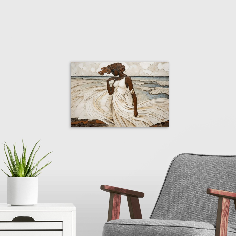 A modern room featuring A contemporary yet classic collage of a Black woman in a large flowing white dress in front of th...