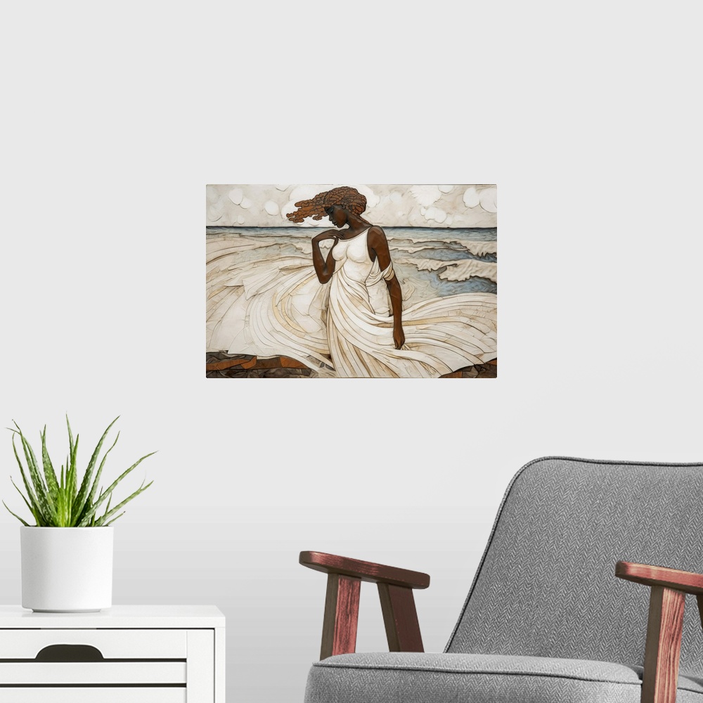 A modern room featuring A contemporary yet classic collage of a Black woman in a large flowing white dress in front of th...