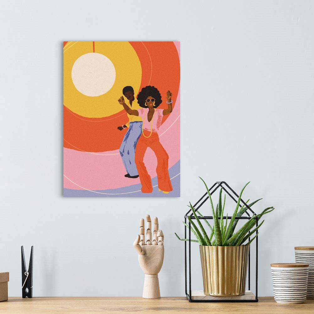 A bohemian room featuring A fun retro style illustration of a stylish couple in 1970's attire dancing in front of a funky c...