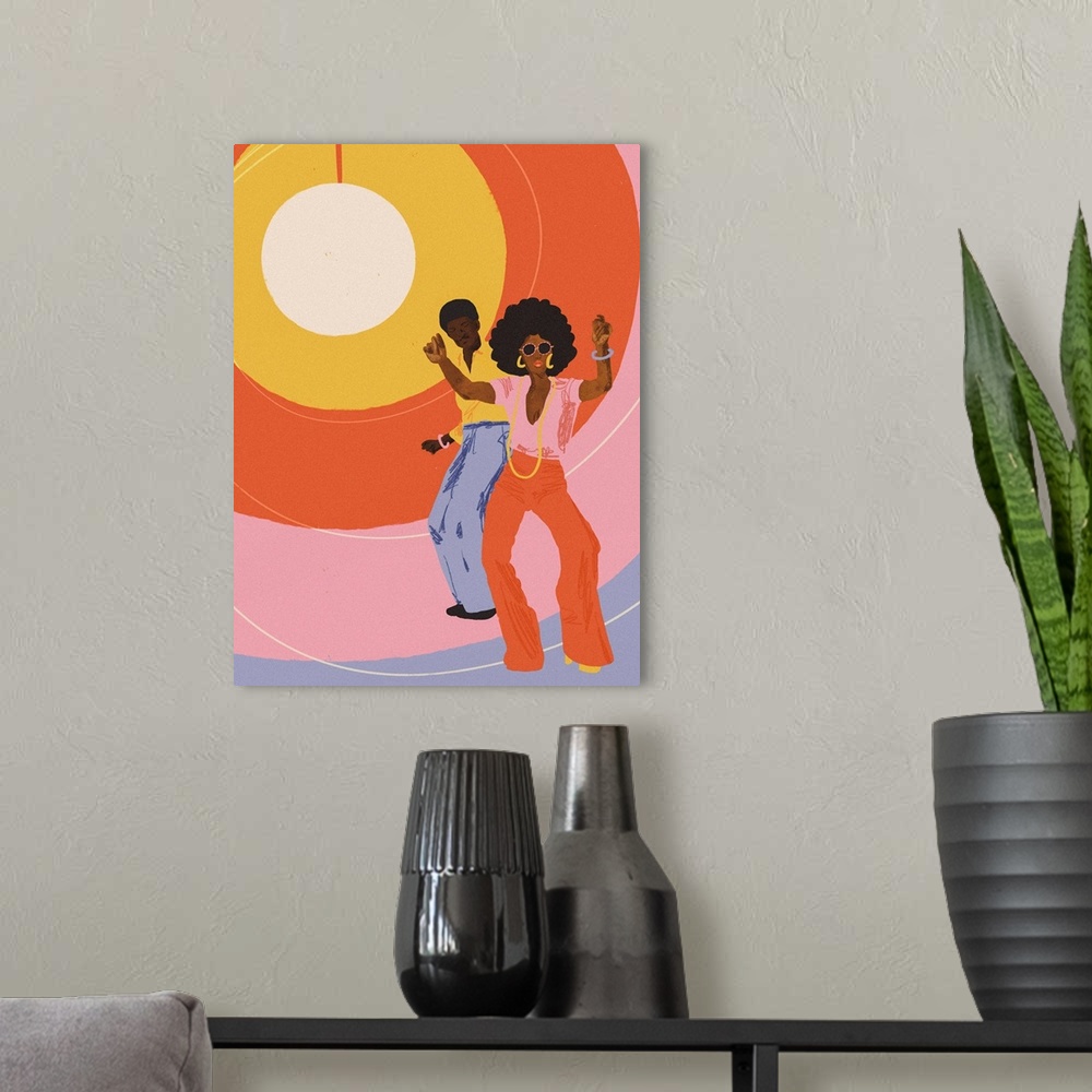 A modern room featuring A fun retro style illustration of a stylish couple in 1970's attire dancing in front of a funky c...