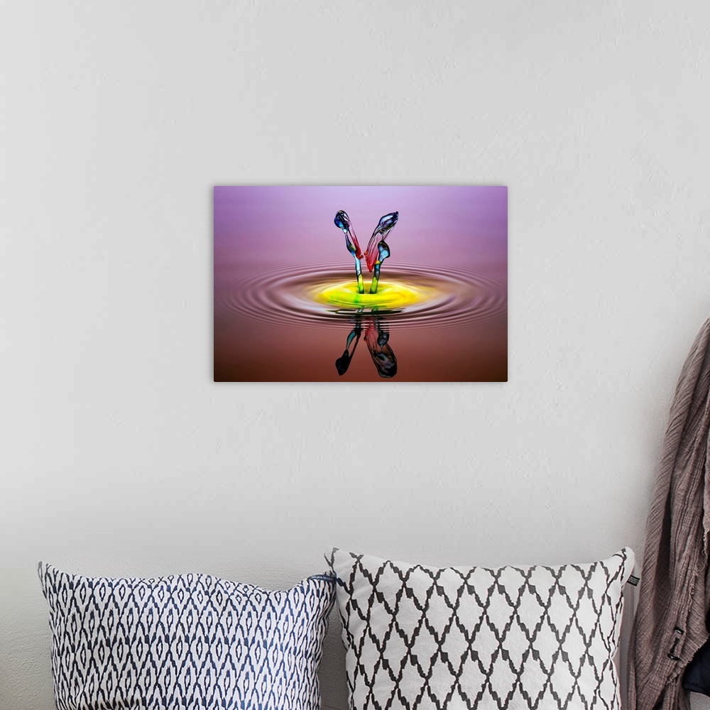 A bohemian room featuring A macro photograph of a colorful splash of a droplet of water.