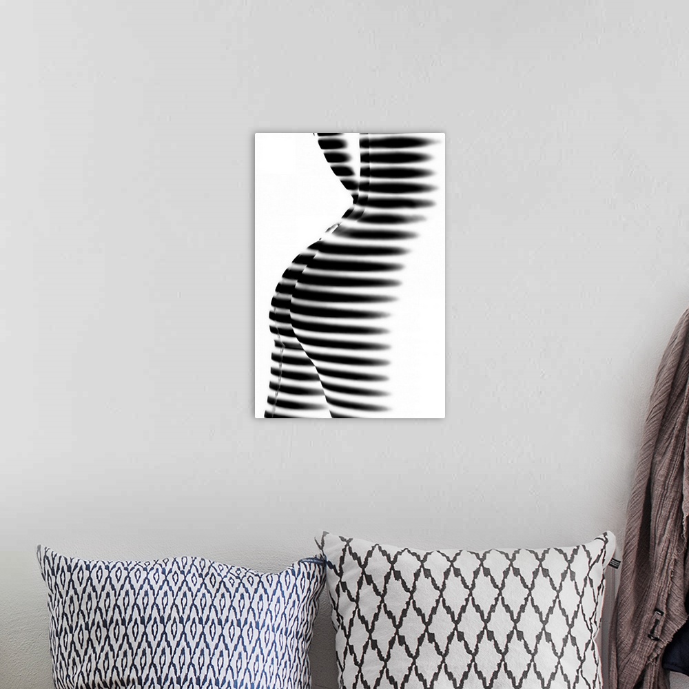 A bohemian room featuring Abstract photo of a nude with black and white stripes, resembling a zebra.
