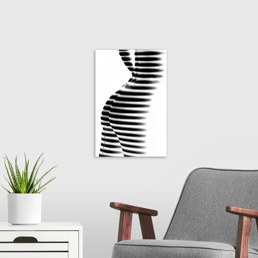 A modern room featuring Abstract photo of a nude with black and white stripes, resembling a zebra.