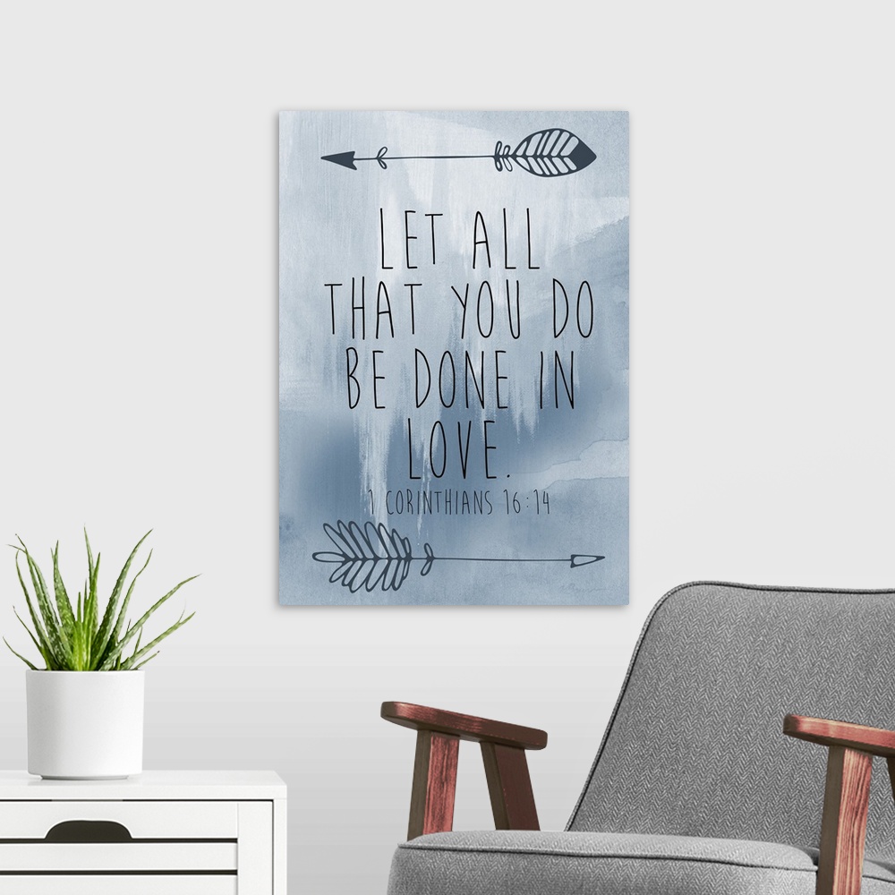 A modern room featuring Bible verse with a simple arrow motif over a blue watercolor wash.