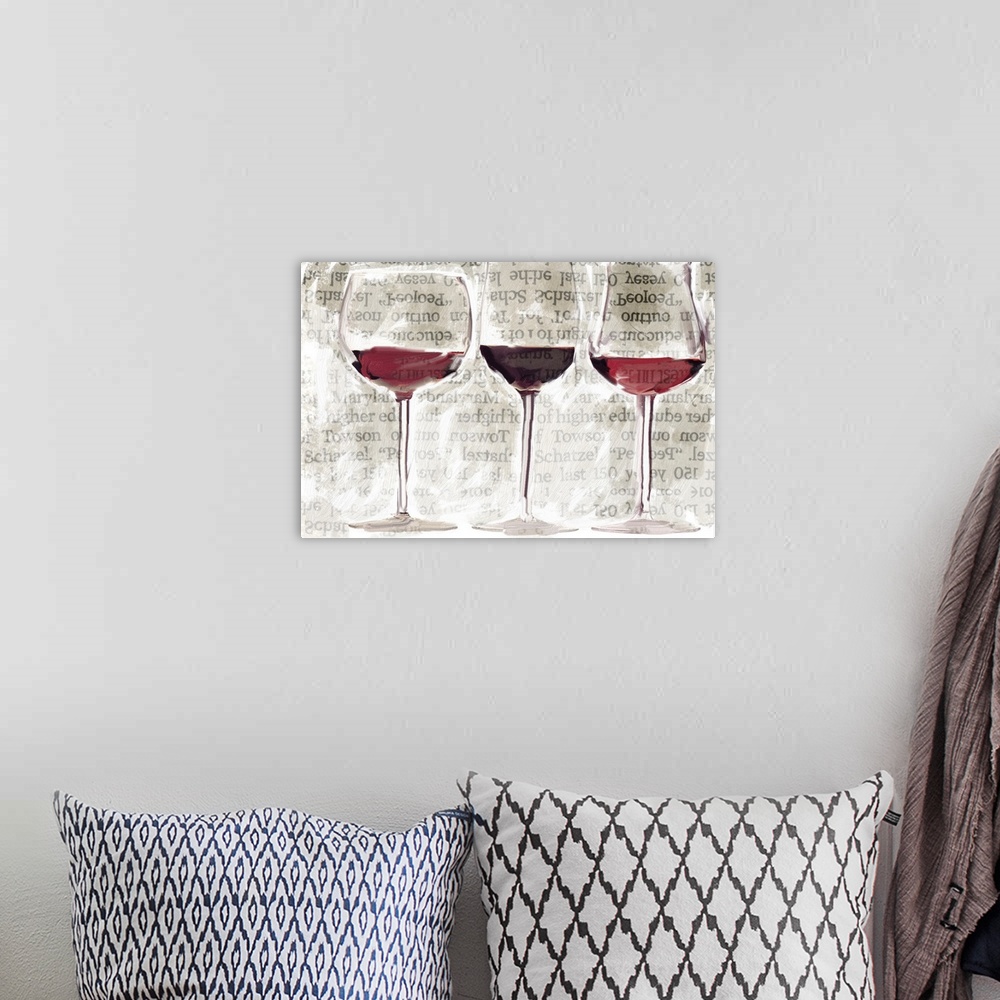 A bohemian room featuring Contemporary painting of wine glasses with red wine in each on a white background with faint type...