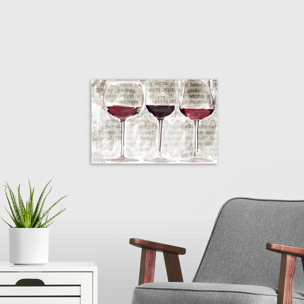 A modern room featuring Contemporary painting of wine glasses with red wine in each on a white background with faint type...