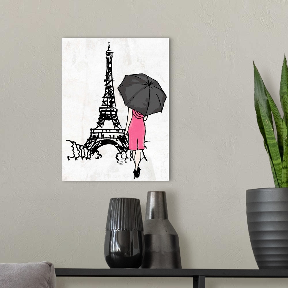 A modern room featuring Artwork of a woman in a pink dress under a black umbrella walking toward a famous Parisian monume...