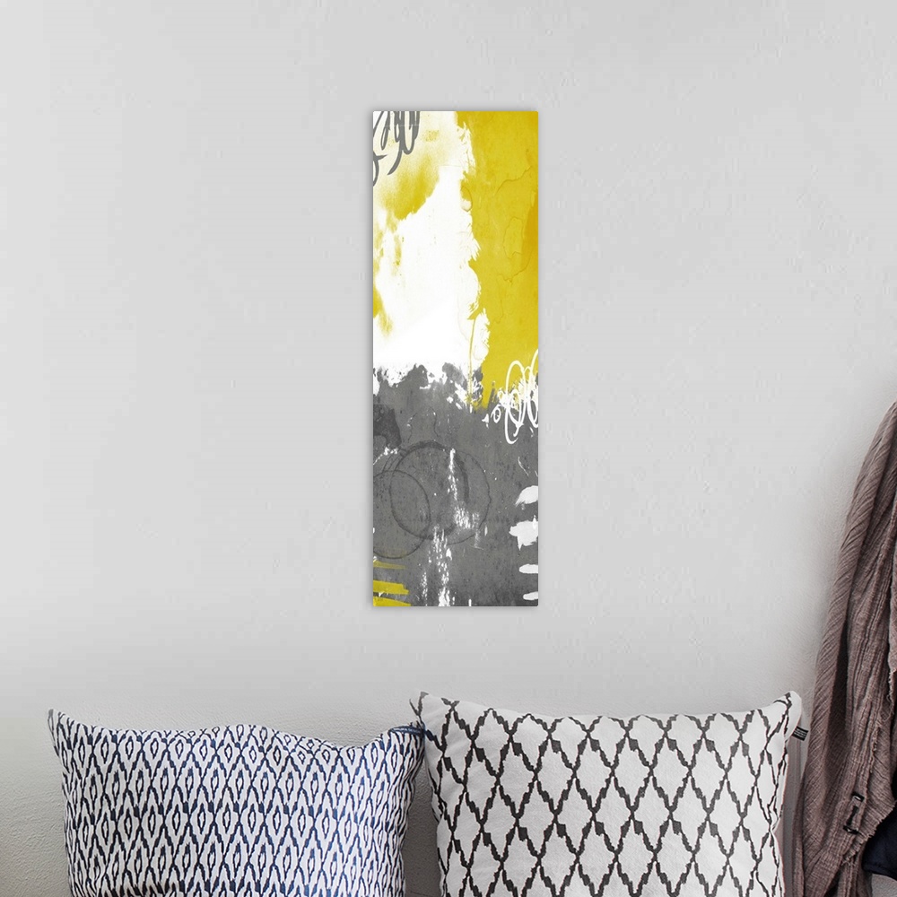 A bohemian room featuring Vertical contemporary abstract art in shades of white, grey, and yellow.