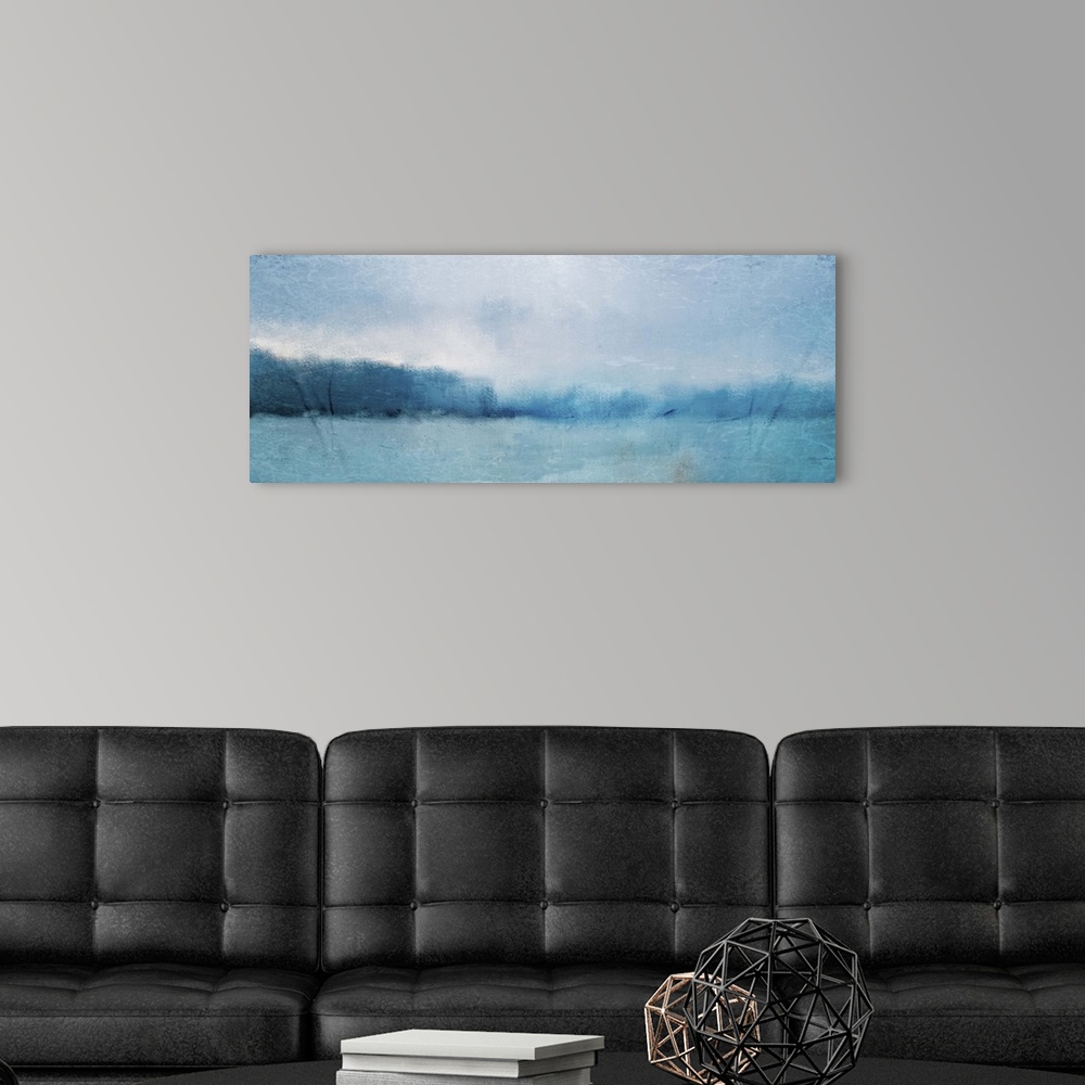 A modern room featuring Abstract landscape painting of a deep blue lake with forests along the edge.