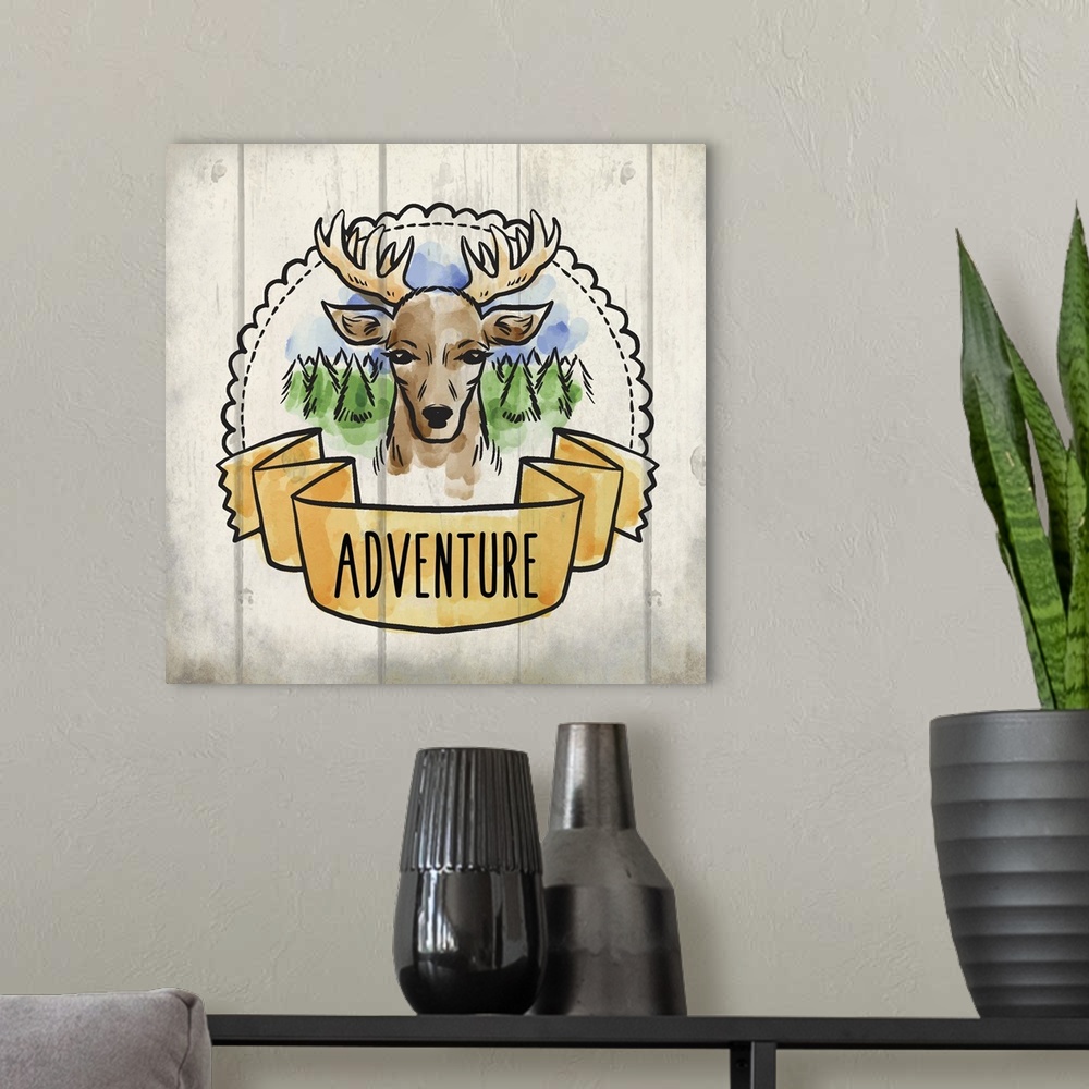 A modern room featuring Wanderlust themed design with a banner reading "Adventure" and a deer portrait.