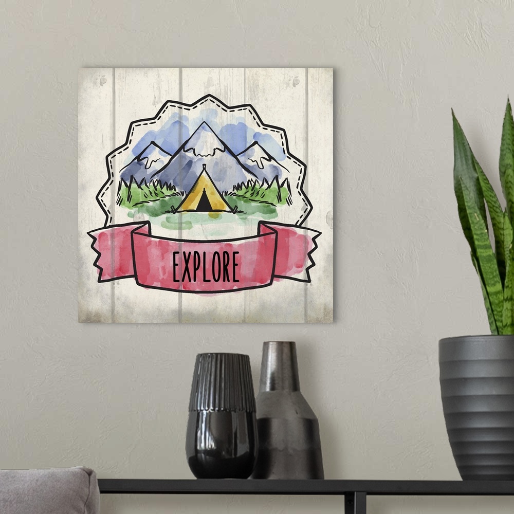A modern room featuring Wanderlust themed design with a banner reading "Explore" and a tent in front of mountains.