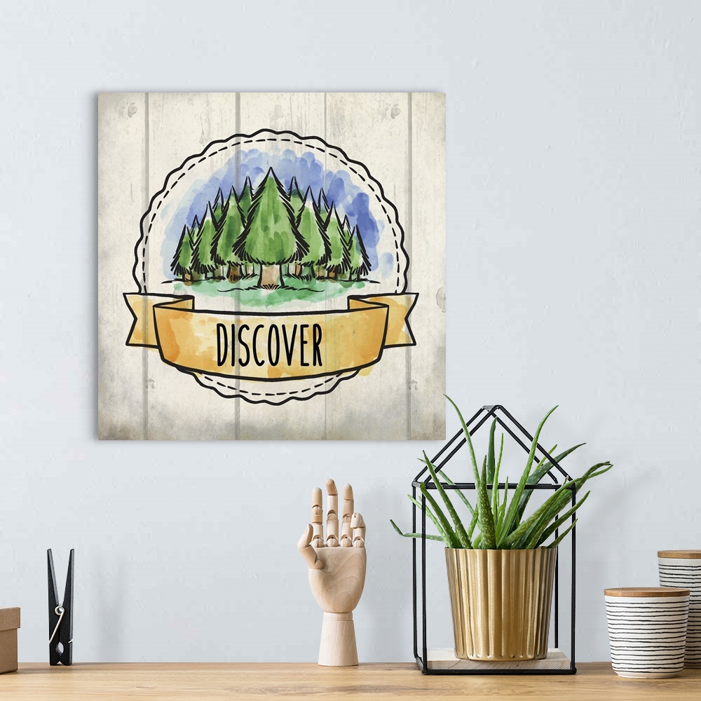 A bohemian room featuring Wanderlust themed design with a banner reading "Discover" and a green forest.