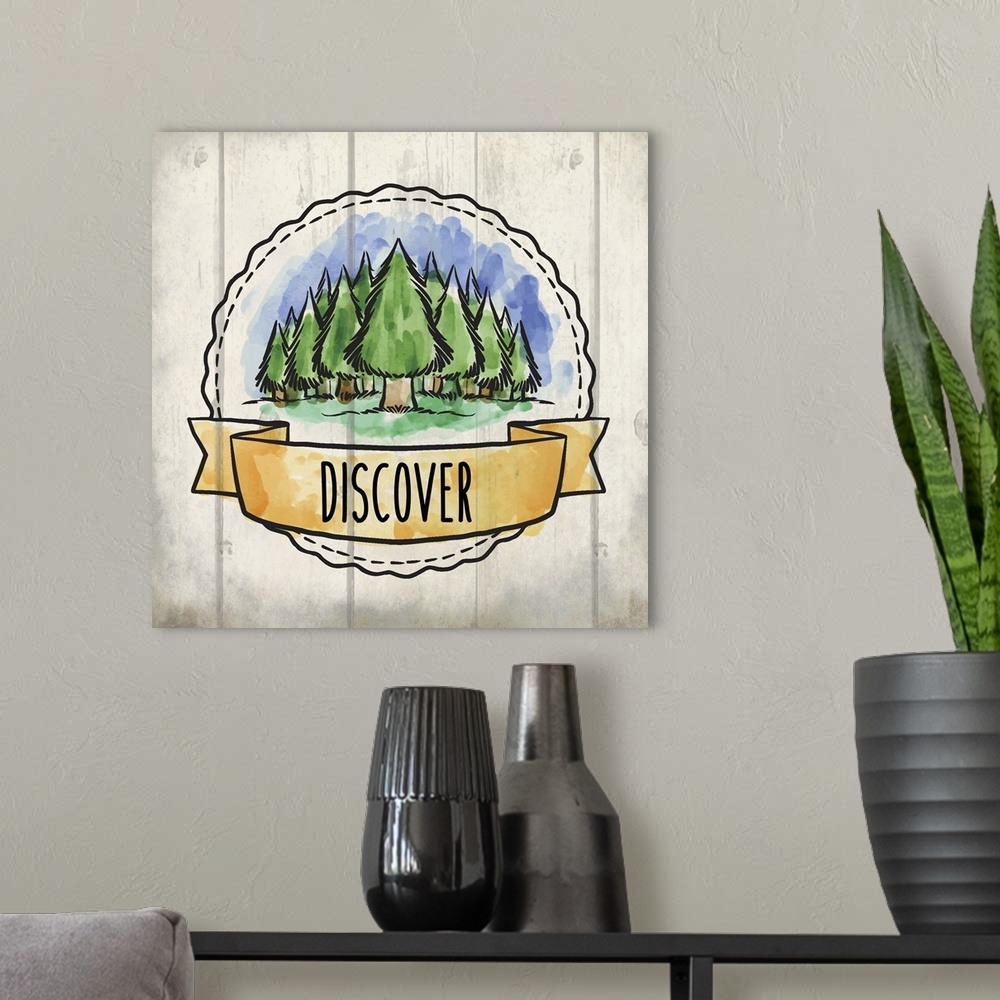 A modern room featuring Wanderlust themed design with a banner reading "Discover" and a green forest.