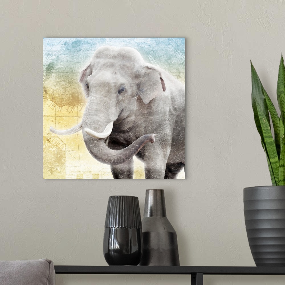 A modern room featuring A heavily textured painting of an elephant on top of a map of Africa with cool tones at the top f...