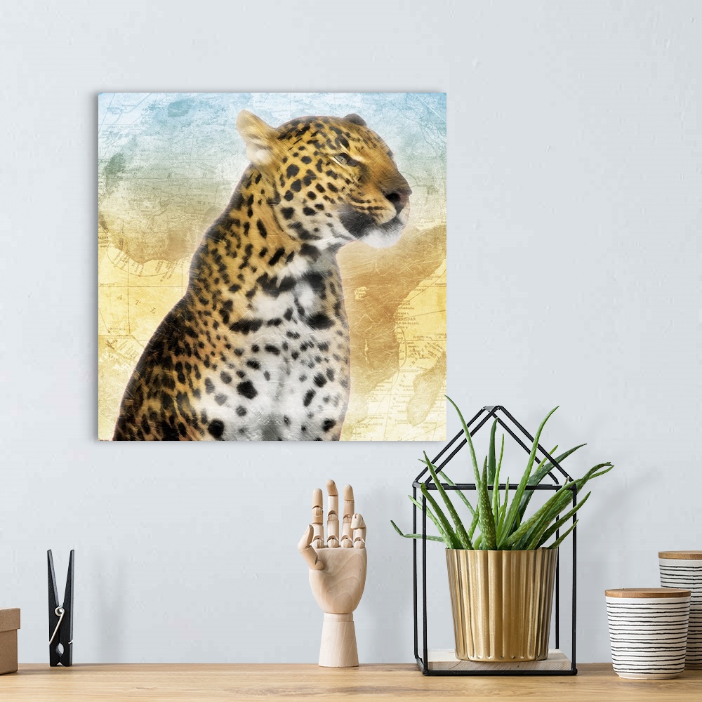A bohemian room featuring A heavily textured painting of a cheetah on top of a map of Africa with cool tones at the top fad...
