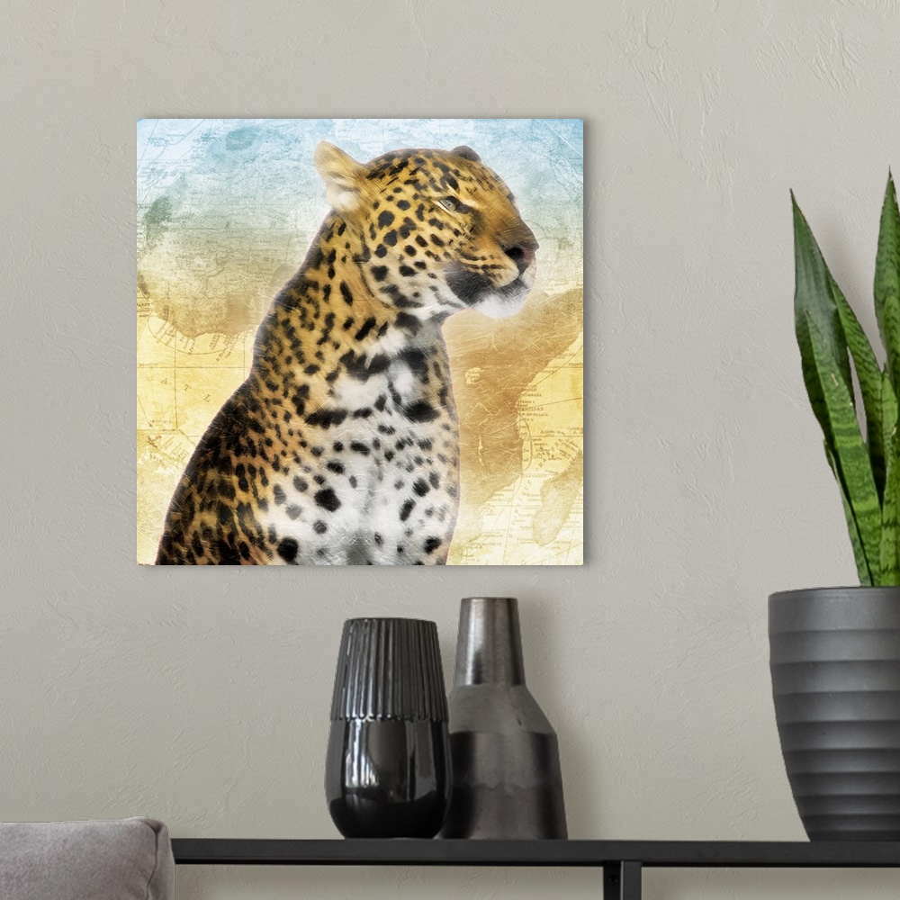 A modern room featuring A heavily textured painting of a cheetah on top of a map of Africa with cool tones at the top fad...