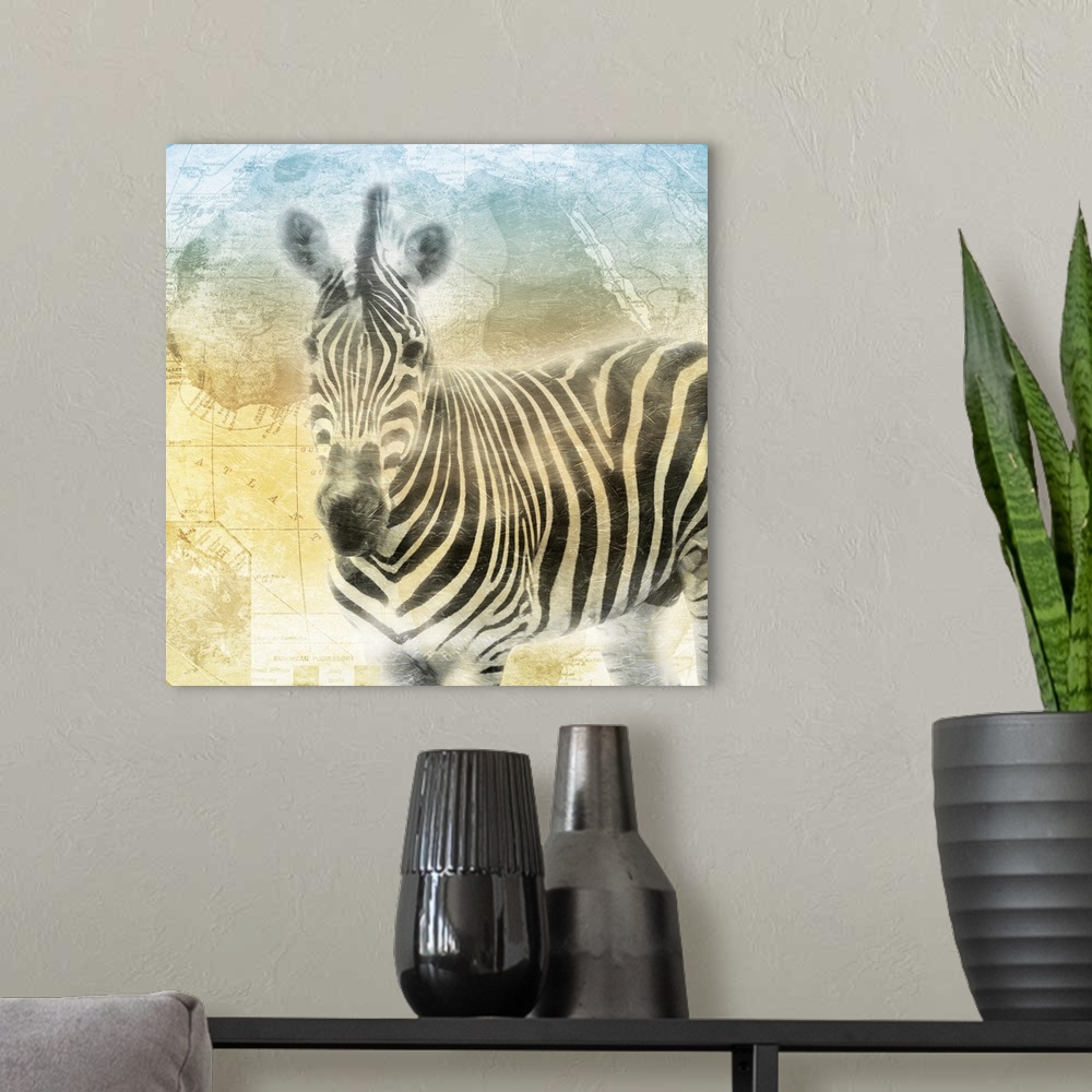 A modern room featuring A heavily textured painting of a zebra on top of a map of Africa with cool tones at the top fadin...