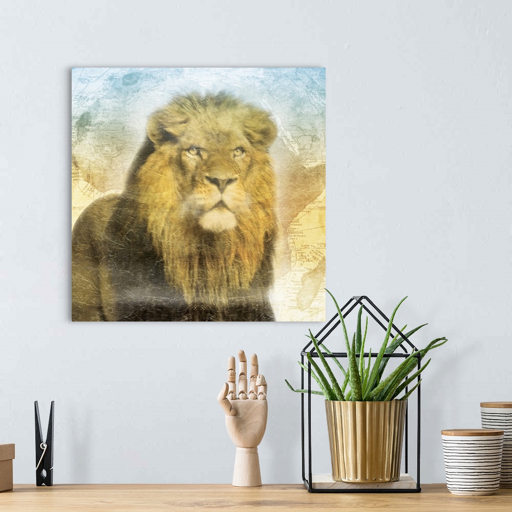 A bohemian room featuring A heavily textured painting of a Lion on top of a map of Africa with cool tones at the top fading...