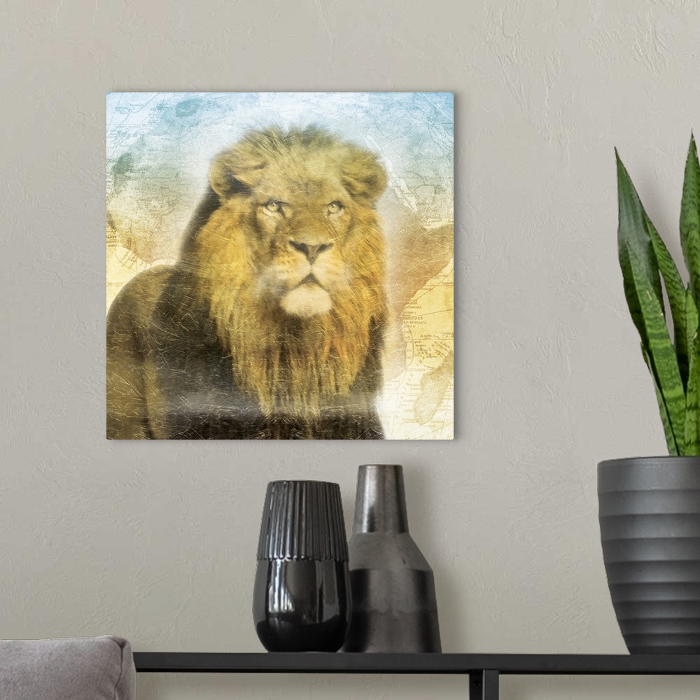 A modern room featuring A heavily textured painting of a Lion on top of a map of Africa with cool tones at the top fading...