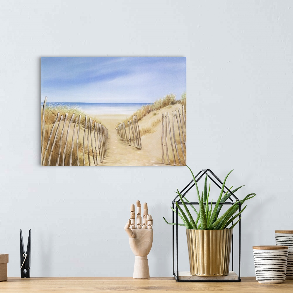 A bohemian room featuring Contemporary painting of wooden fences lining a path to a sandy beach on the coast.