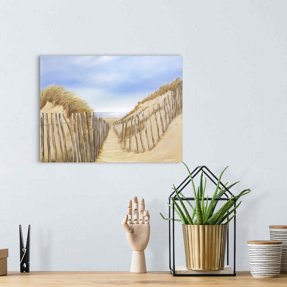 A bohemian room featuring Contemporary painting of wooden fences lining a path to a sandy beach on the coast.