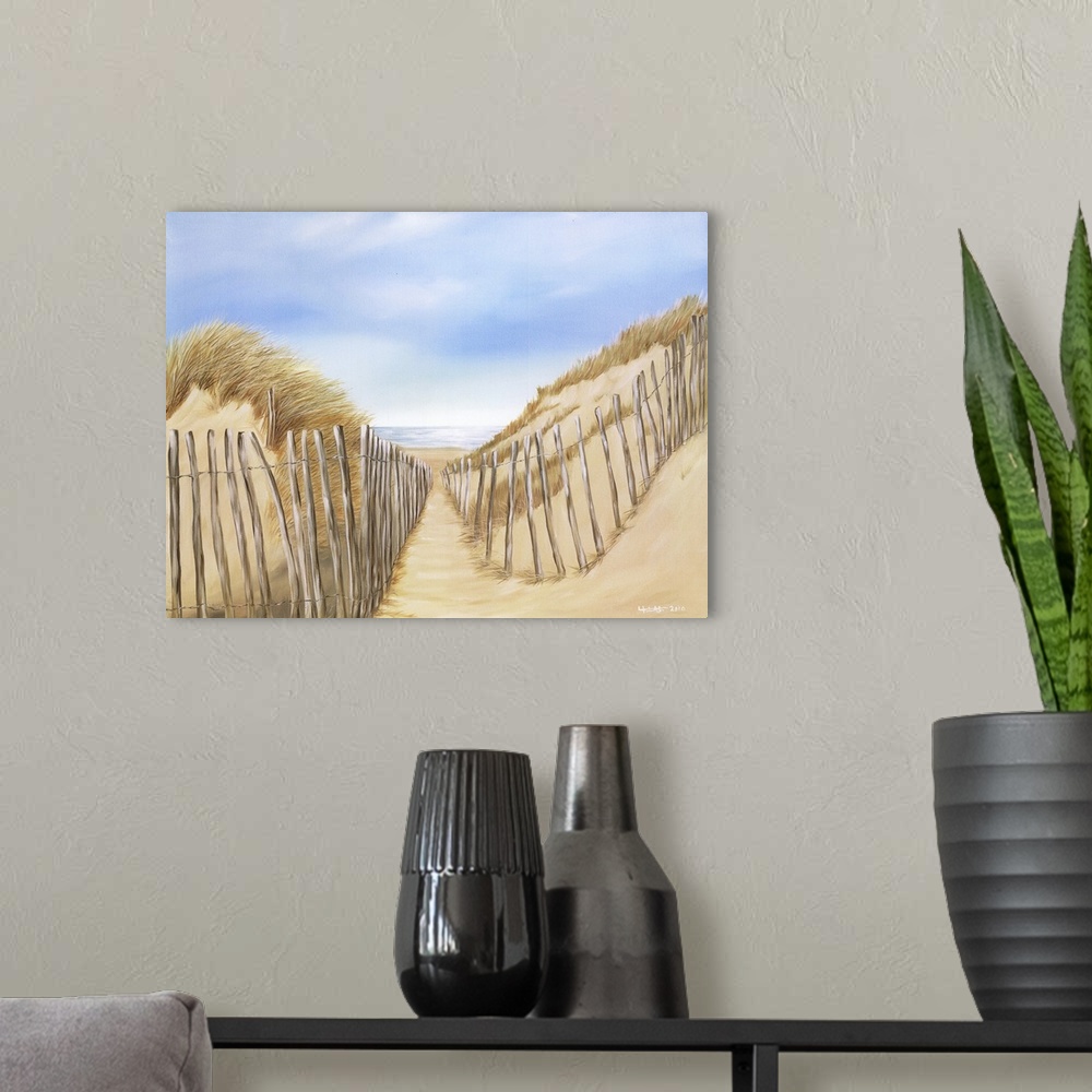 A modern room featuring Contemporary painting of wooden fences lining a path to a sandy beach on the coast.