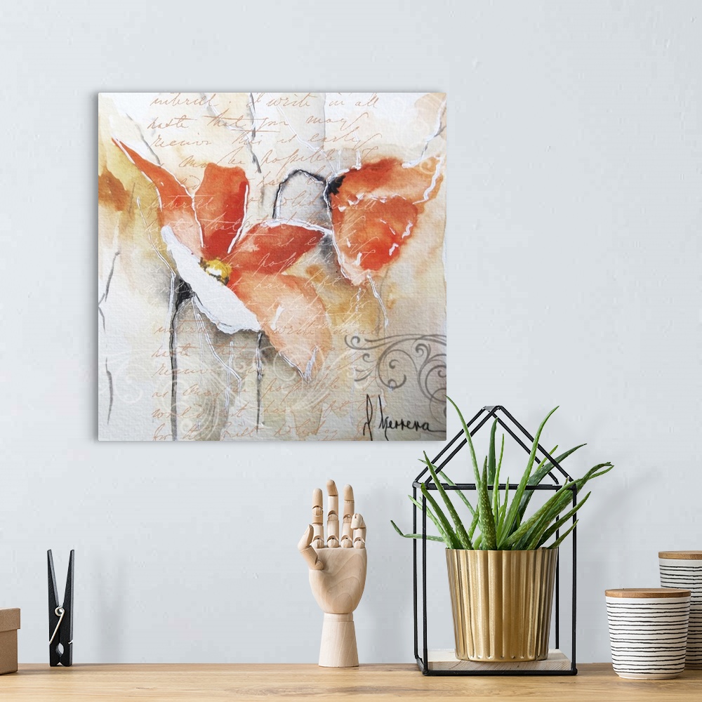 A bohemian room featuring Contemporary painting of orange poppy flowers embellished with handwriting and swirls.