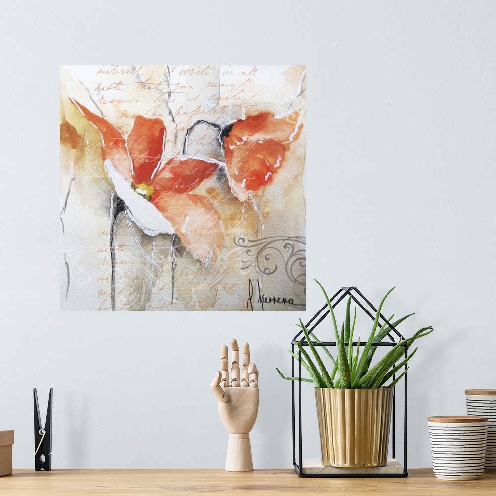 A bohemian room featuring Contemporary painting of orange poppy flowers embellished with handwriting and swirls.
