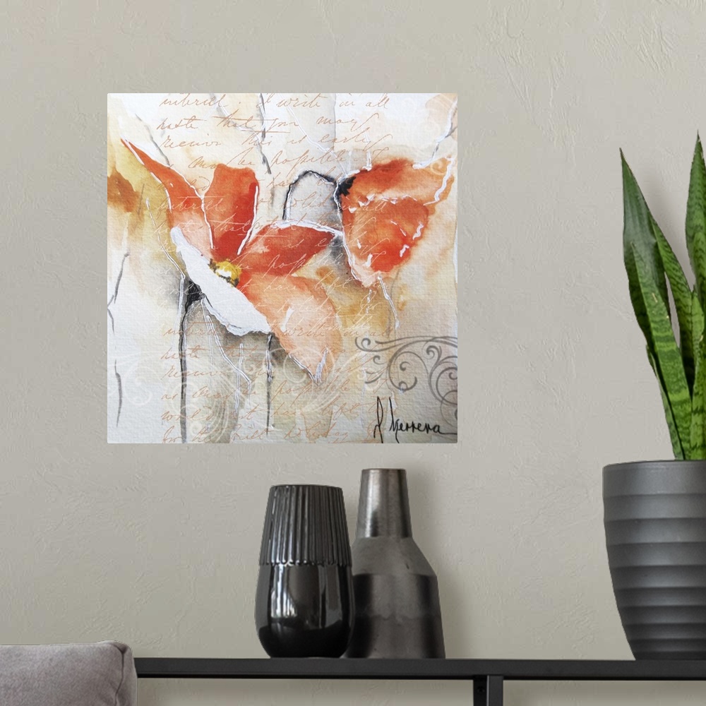 A modern room featuring Contemporary painting of orange poppy flowers embellished with handwriting and swirls.