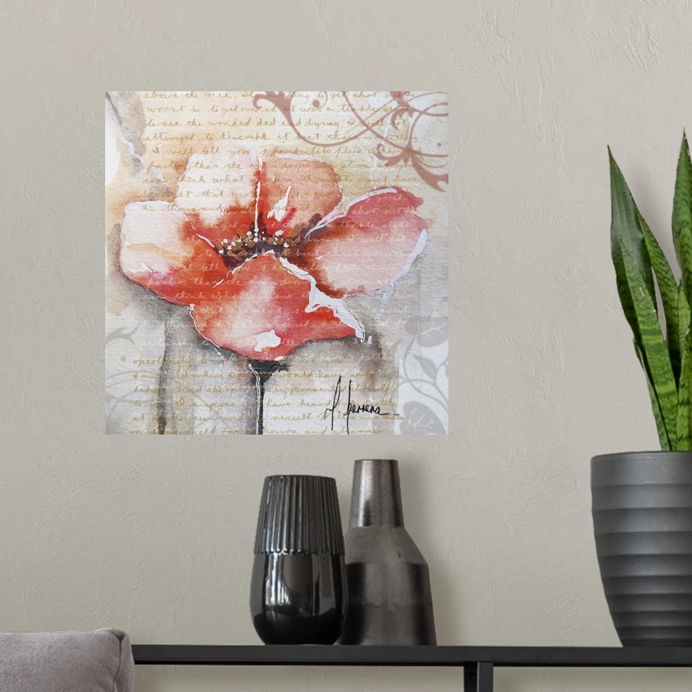 A modern room featuring Contemporary painting of an orange poppy flower embellished with handwriting and swirls.