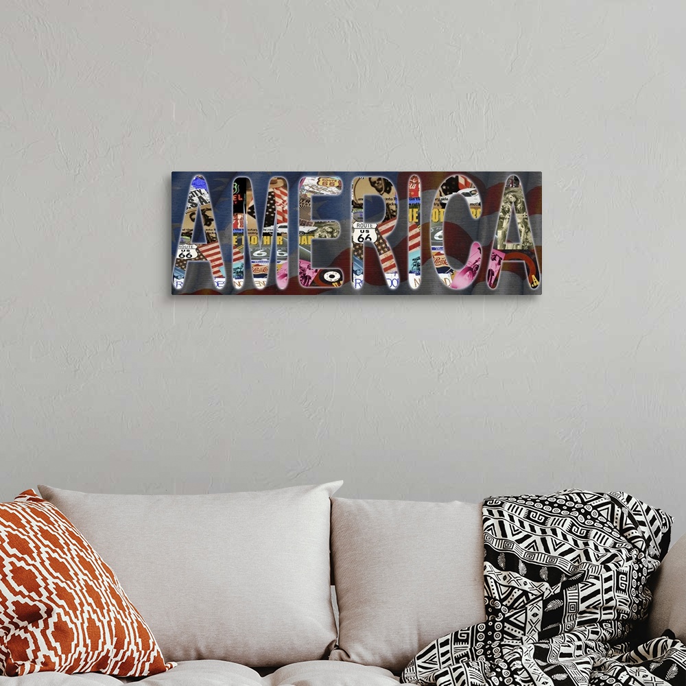 A bohemian room featuring "AMERICA" with an American flag background