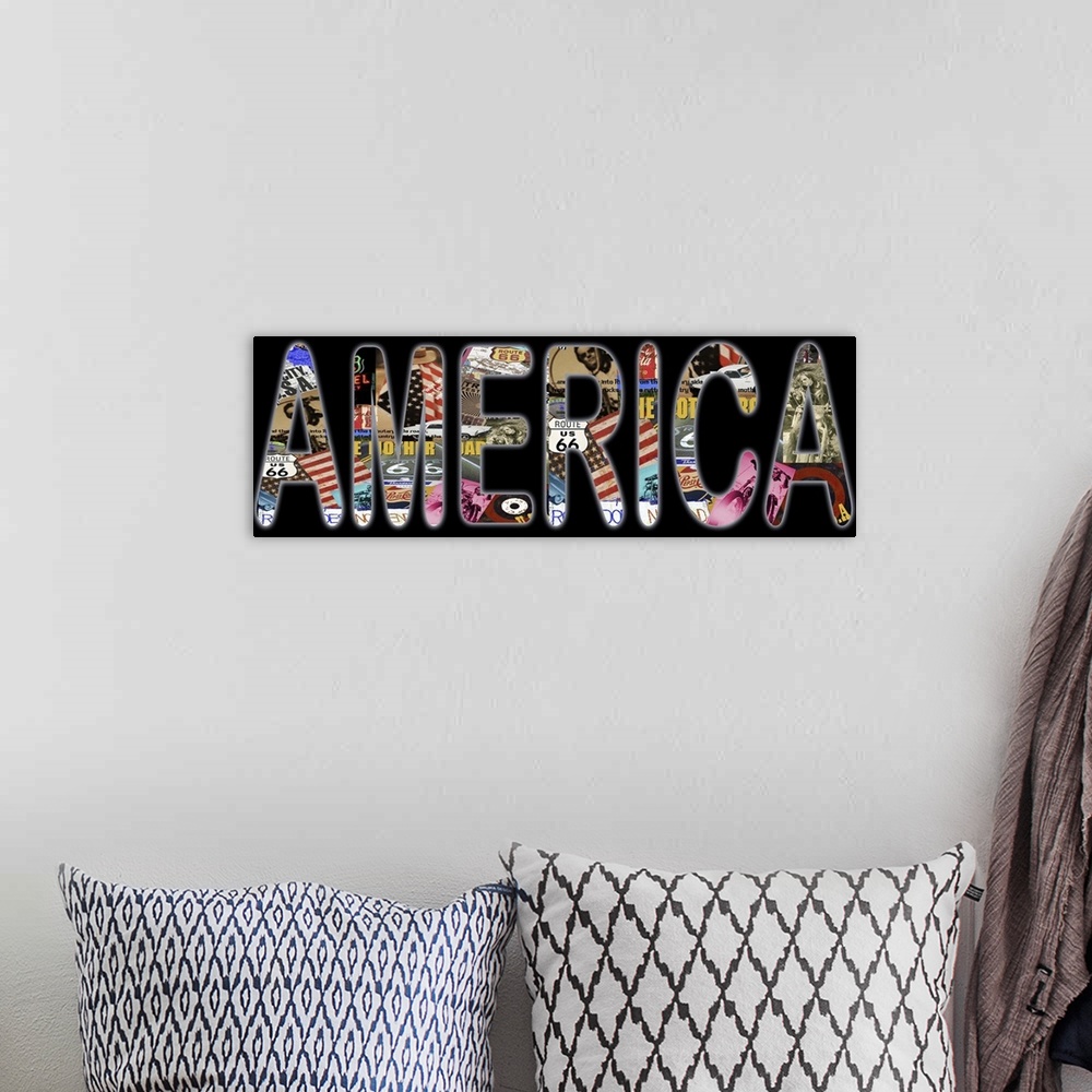 A bohemian room featuring "AMERICA" with a solid black background.