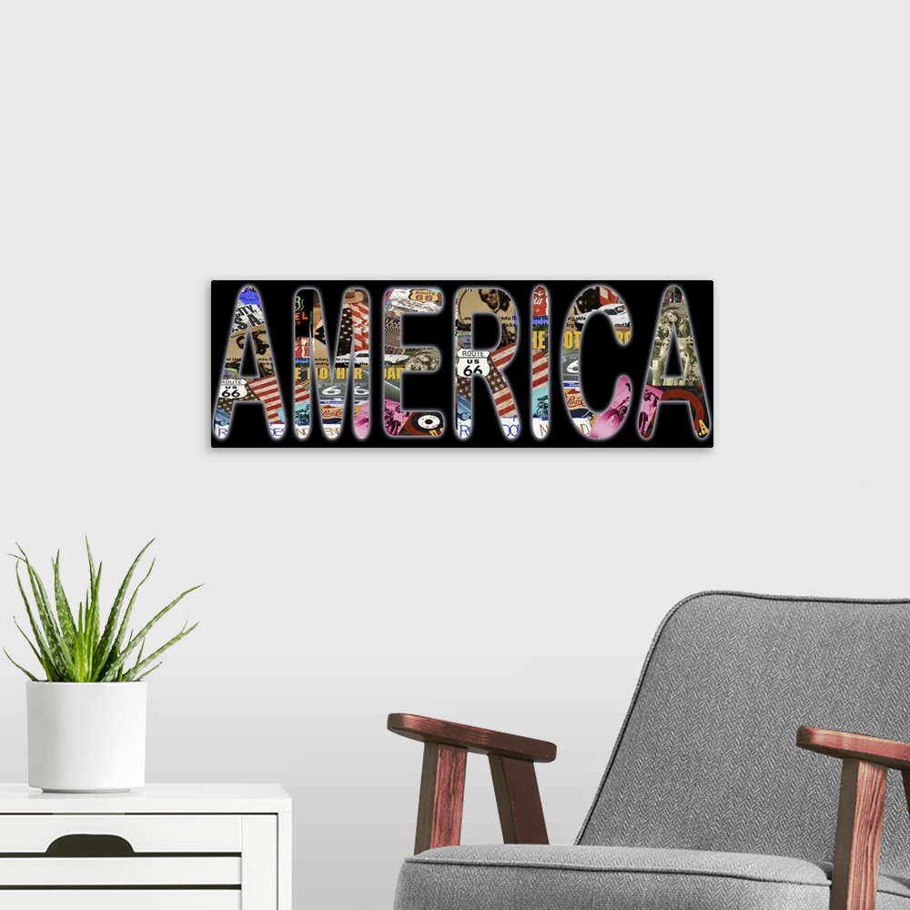A modern room featuring "AMERICA" with a solid black background.