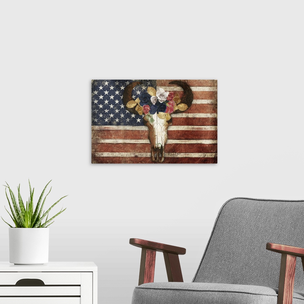 A modern room featuring A rustic American flag with a bull skull wearing a crown of flowers on top.
