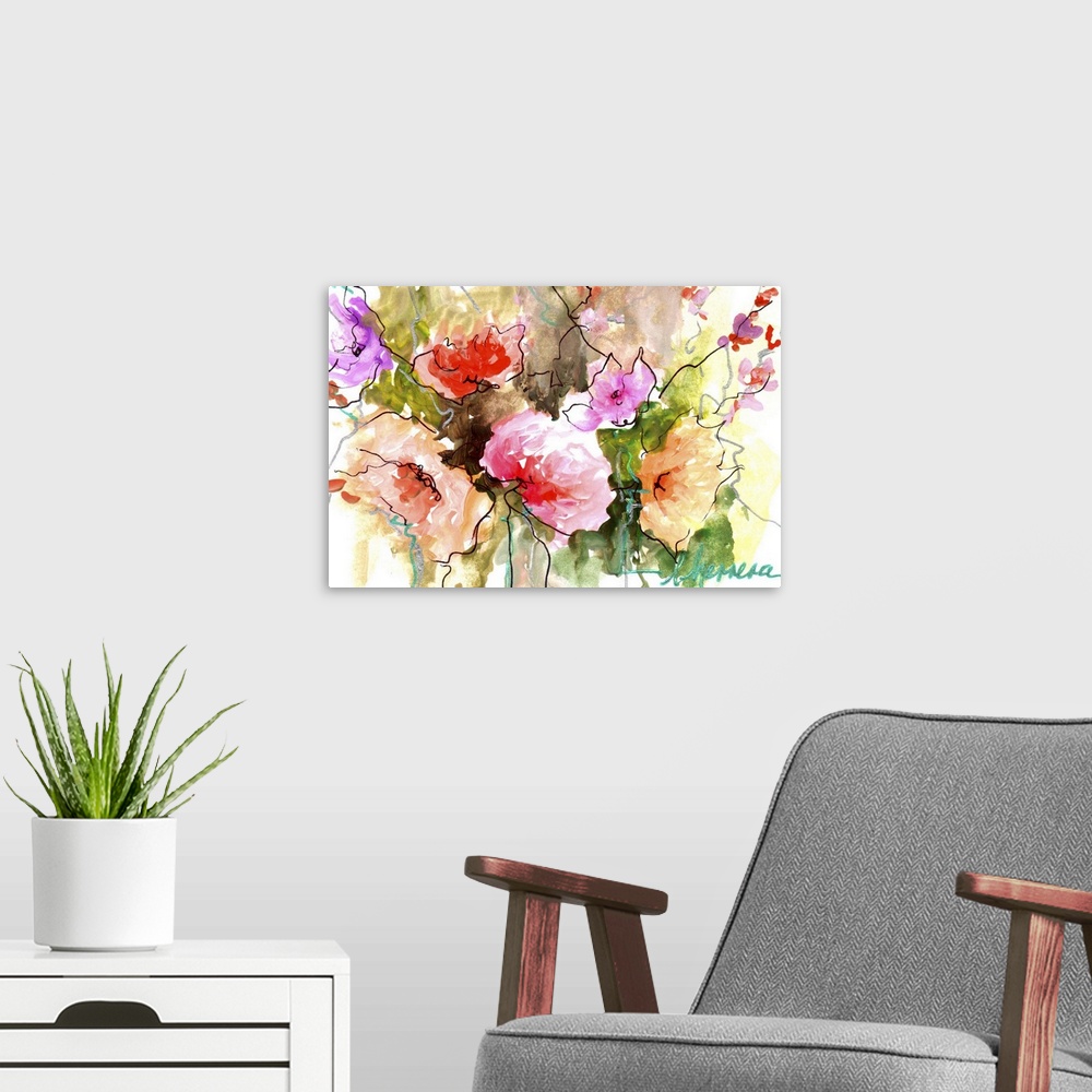 A modern room featuring Contemporary watercolor painting of vibrant pink and orange flowers.