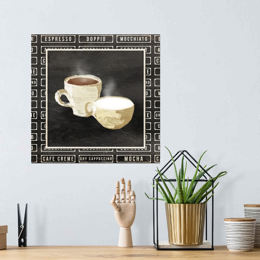 A bohemian room featuring A painting of two cups of coffee with text of different styles of coffee painted on a chalkboard ...