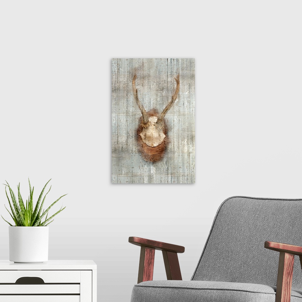 A modern room featuring A mounted hunting trophy on a wall with a weathered texture.